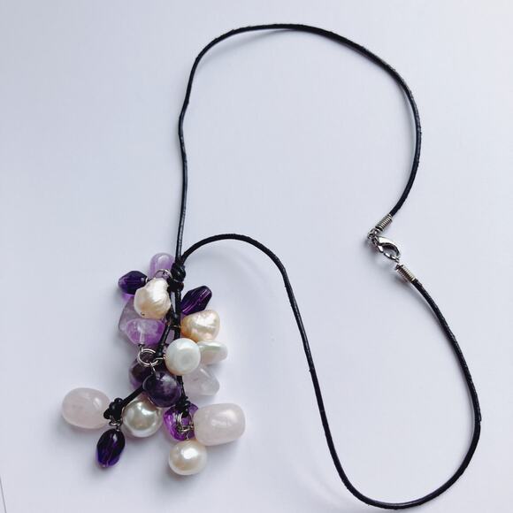 VTG Pendant Necklace 17" Gemstone Amethyst Rose Quartz Freshwater Pearl Cluster - Picture 3 of 14